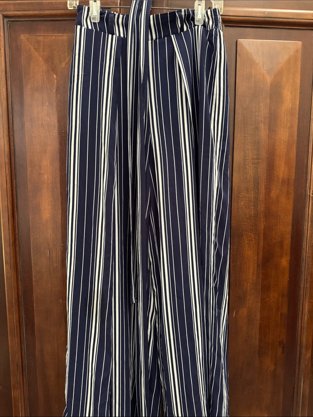 FAVLUX Navy and White Striped Tie-Waist Palazzo Pants